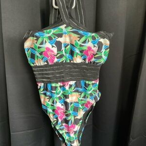 Floral & Black Strappy One-Piece Swimsuit - Size XL (14)
